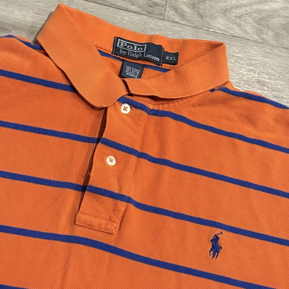 Vintage 90s Polo Ralph Lauren Men’s Orange Blue Striped Short Sleeve Polo Sz 2XL